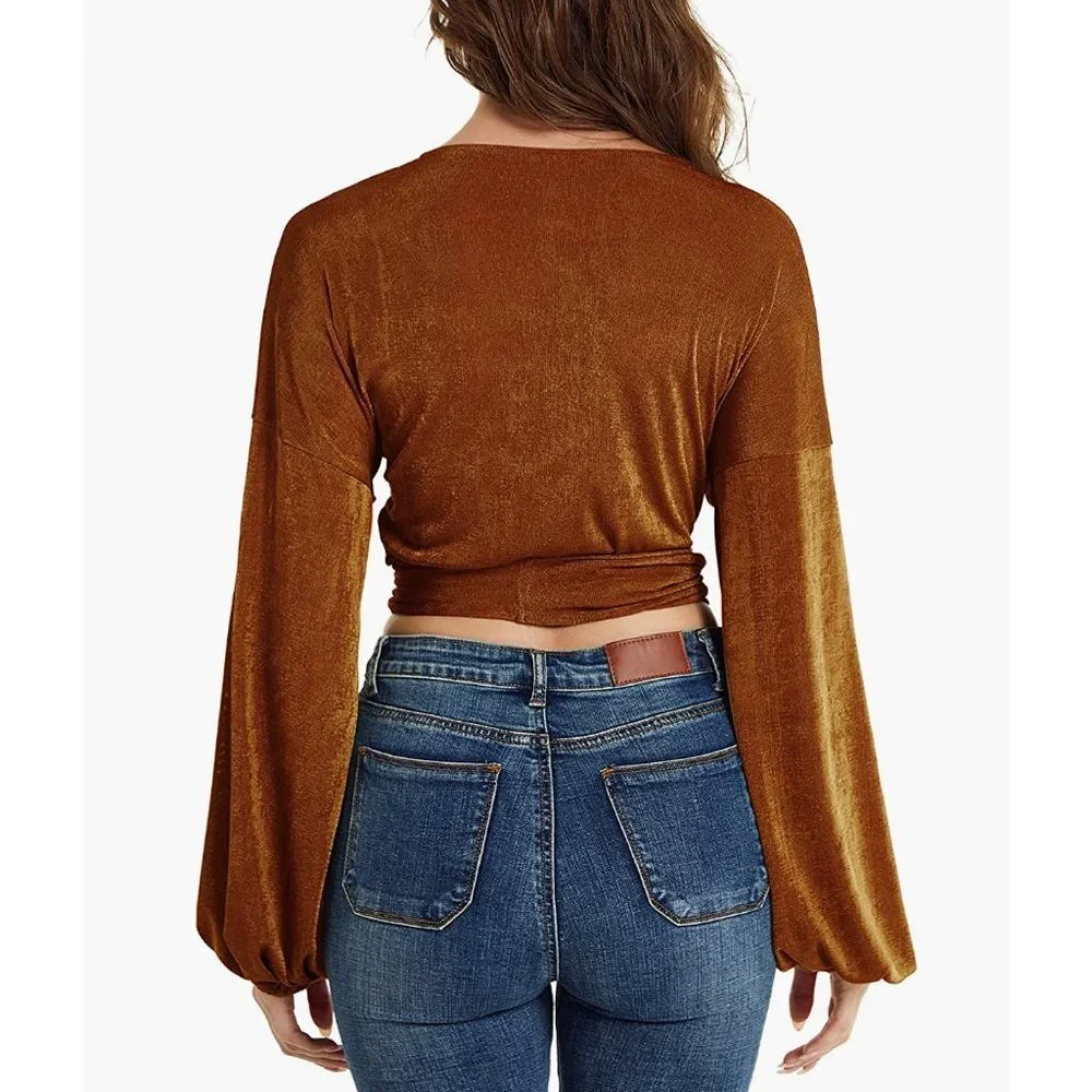 Brown Glitter Knit Tie Front Belted‎ V-Neck Long Sleeve Bishop Wrap Sweater Top - Picture 5 of 5